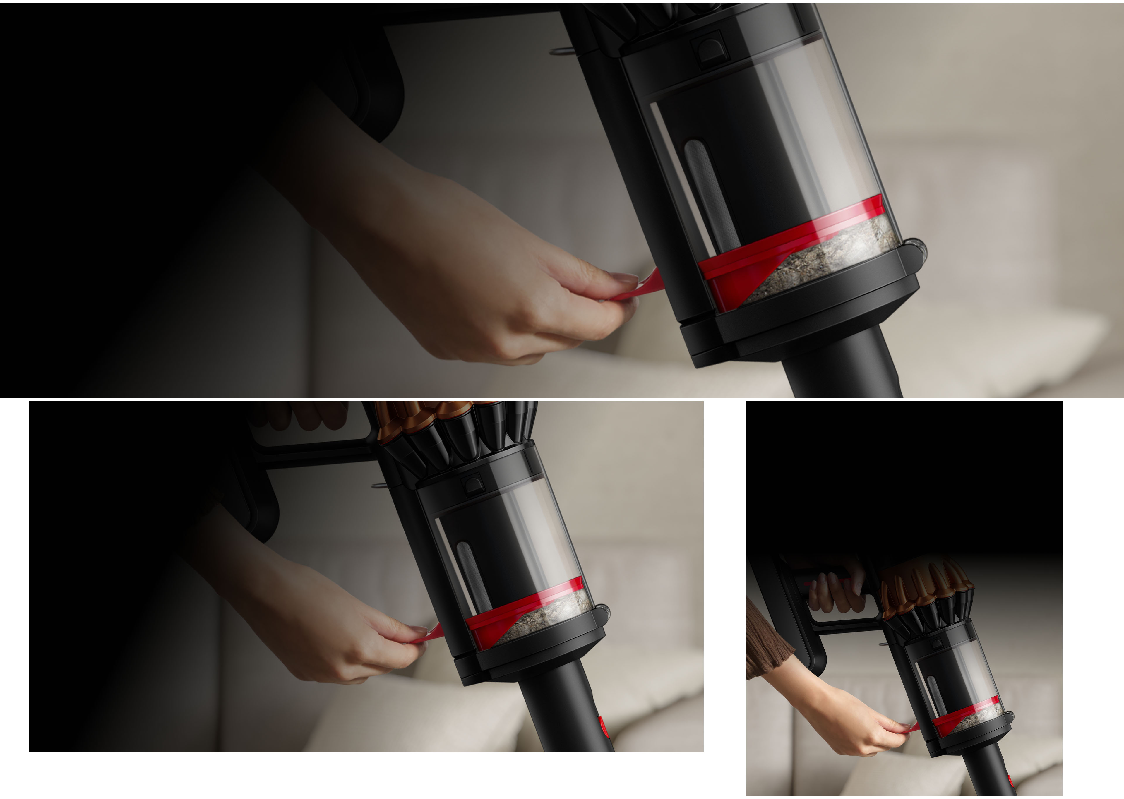 Una persona che comprime lo sporco all’interno del contenitore dell’aspirapolvere Dyson Piston Animal.