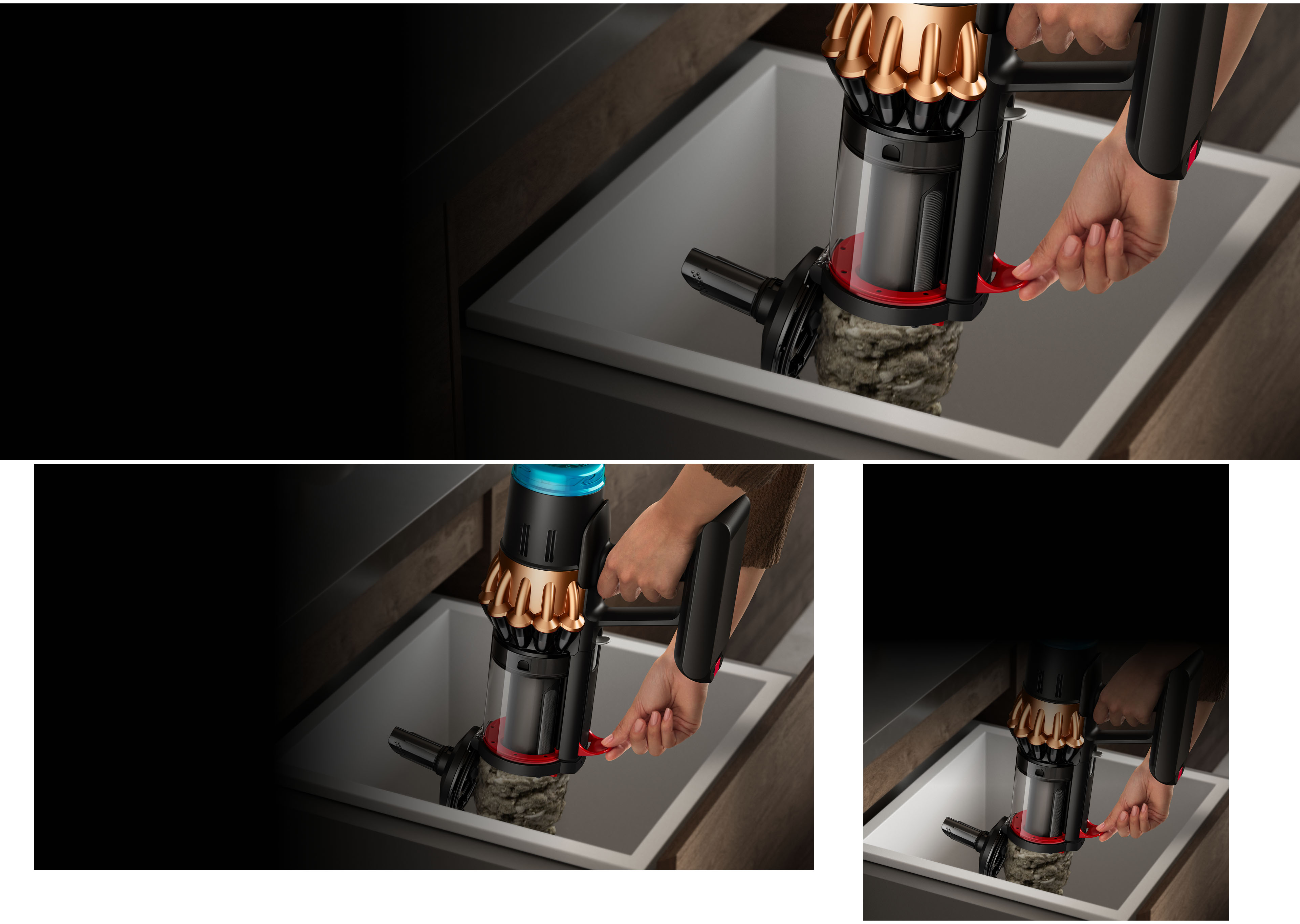 Una persona che svuota tutto lo sporco all’interno del contenitore dell’aspirapolvere Dyson Piston Animal usando la leva a lato.