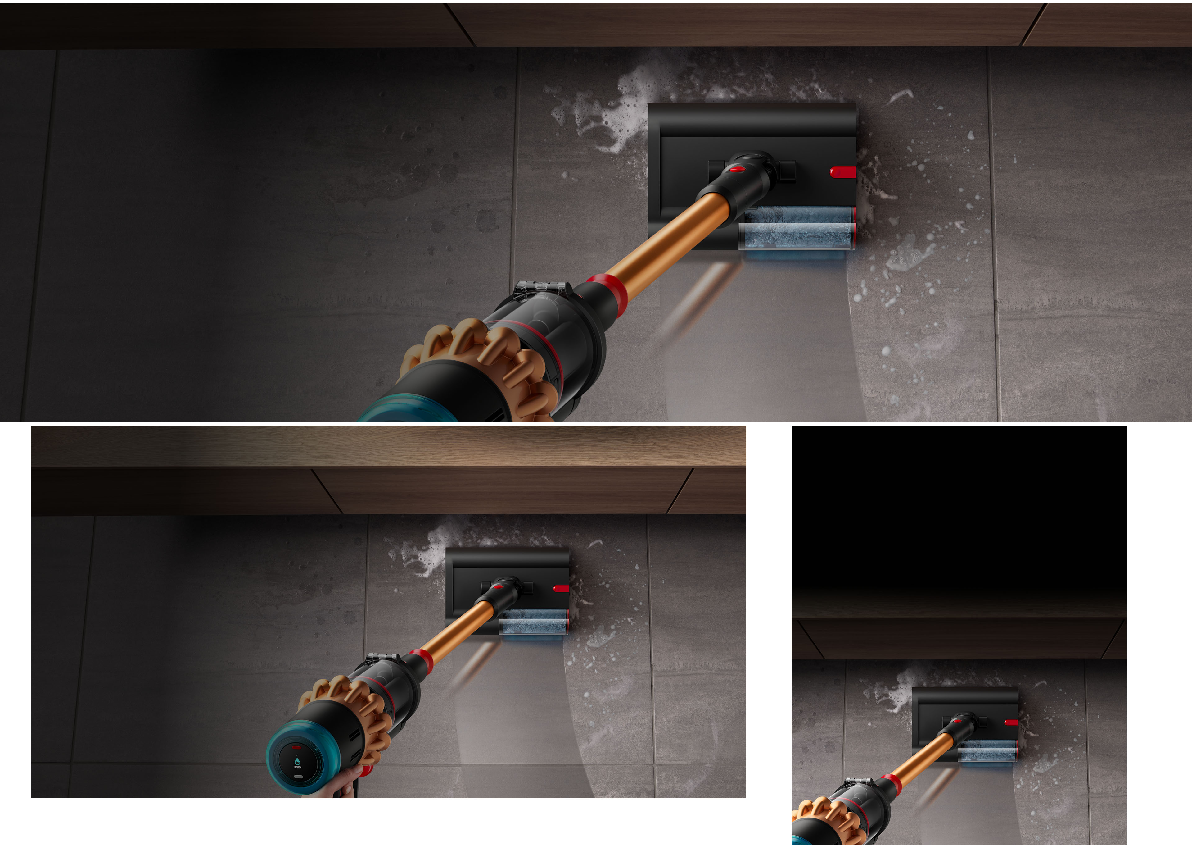La spazzola lavapavimenti Submarine 2.0 di Dyson Piston che pulisce delle macchie liquide sui pavimenti.
